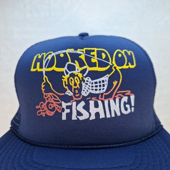 Hooked On Fishing Vintage Trucker Hat - Snapback Mesh - Funny - Navy Blue - Picture 2 of 8